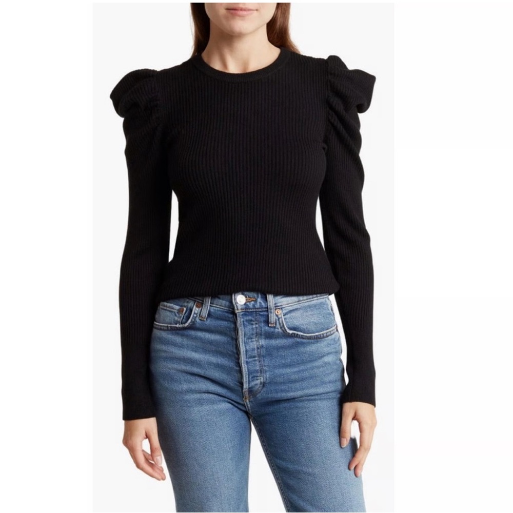 Black Puff Sleeve Ribbed Top